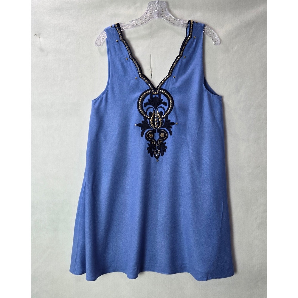 Lilly Pulitzer Medium Shift Blue Embroidered Gold Studded V Neck Sleeveless 1089 - Picture 2 of 10